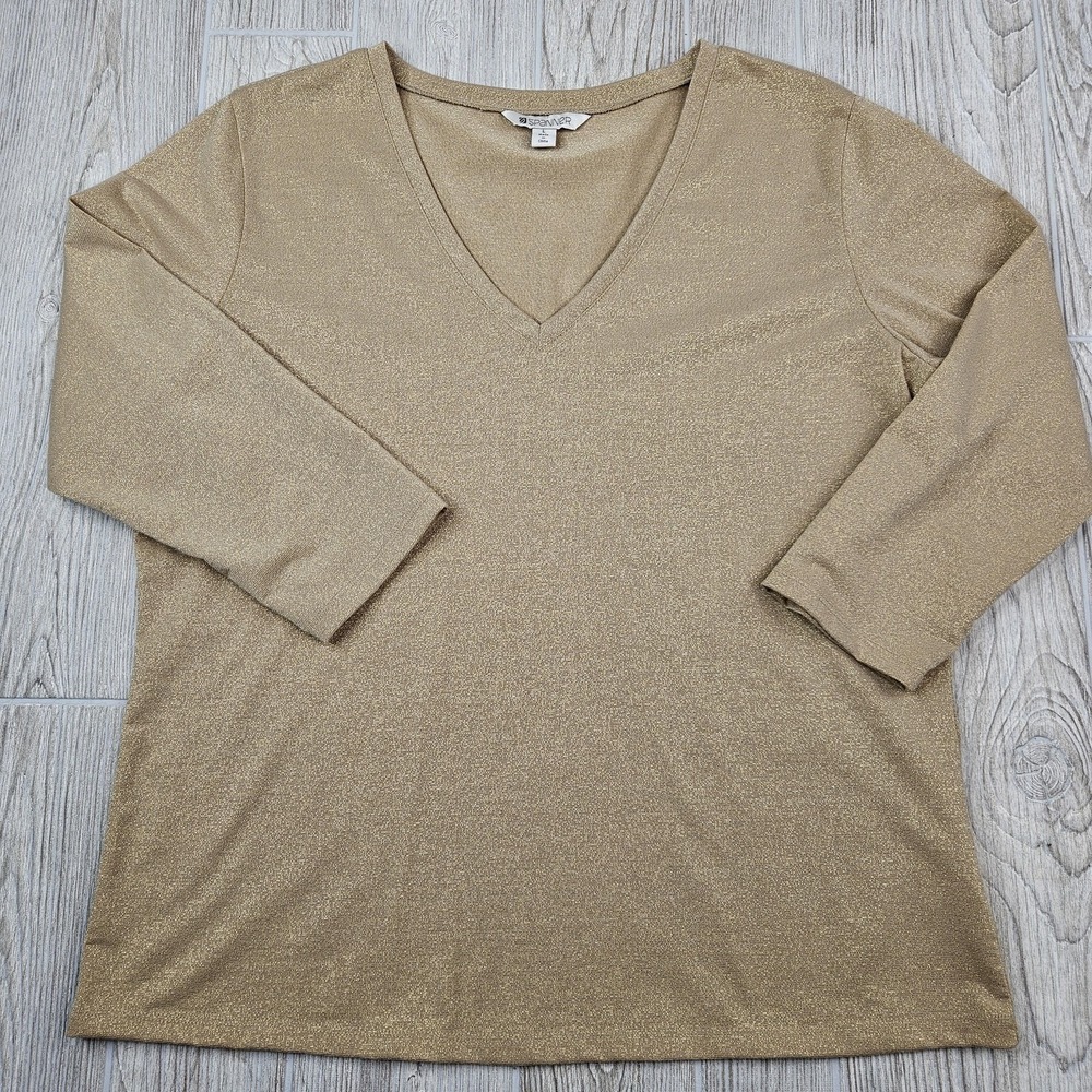 Spanner Sweater Womens Large Gold Metallic V Neck 3/4 Sleeve Pullover Shimmer‎